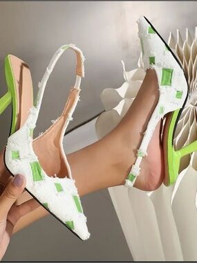Neon Lime Green White Textile Slingback Heels Distressed Pointy Toe Size 8.5